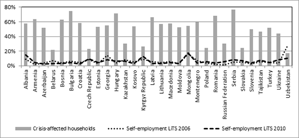 Figure 2: Effect of financial crisis on households and prevalence of self-employment, 2006 vs 2010